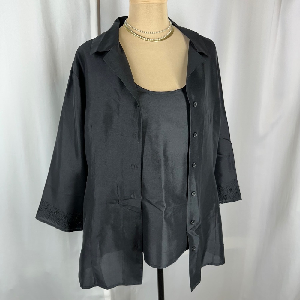 Karen Arnold Black Silk Layered Button Front Blouse Attached‎ Tank Size 1X READ